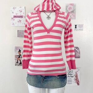 Y2K Pink & White Striped V-Neck Hooded Top Size S